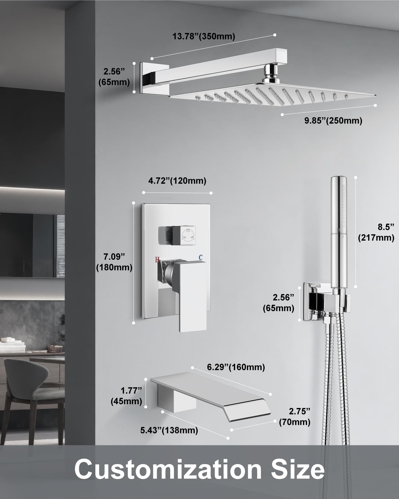 Systemy prysznicowe Bateria wannowa i prysznicowa Combo Polish Chrome 25 cm montaż ścienny deszczownica głowica prysznicowa z prysznicem ręcznym 2 w 1 i wylewką do wanny wodospadowej gruboziarnisty