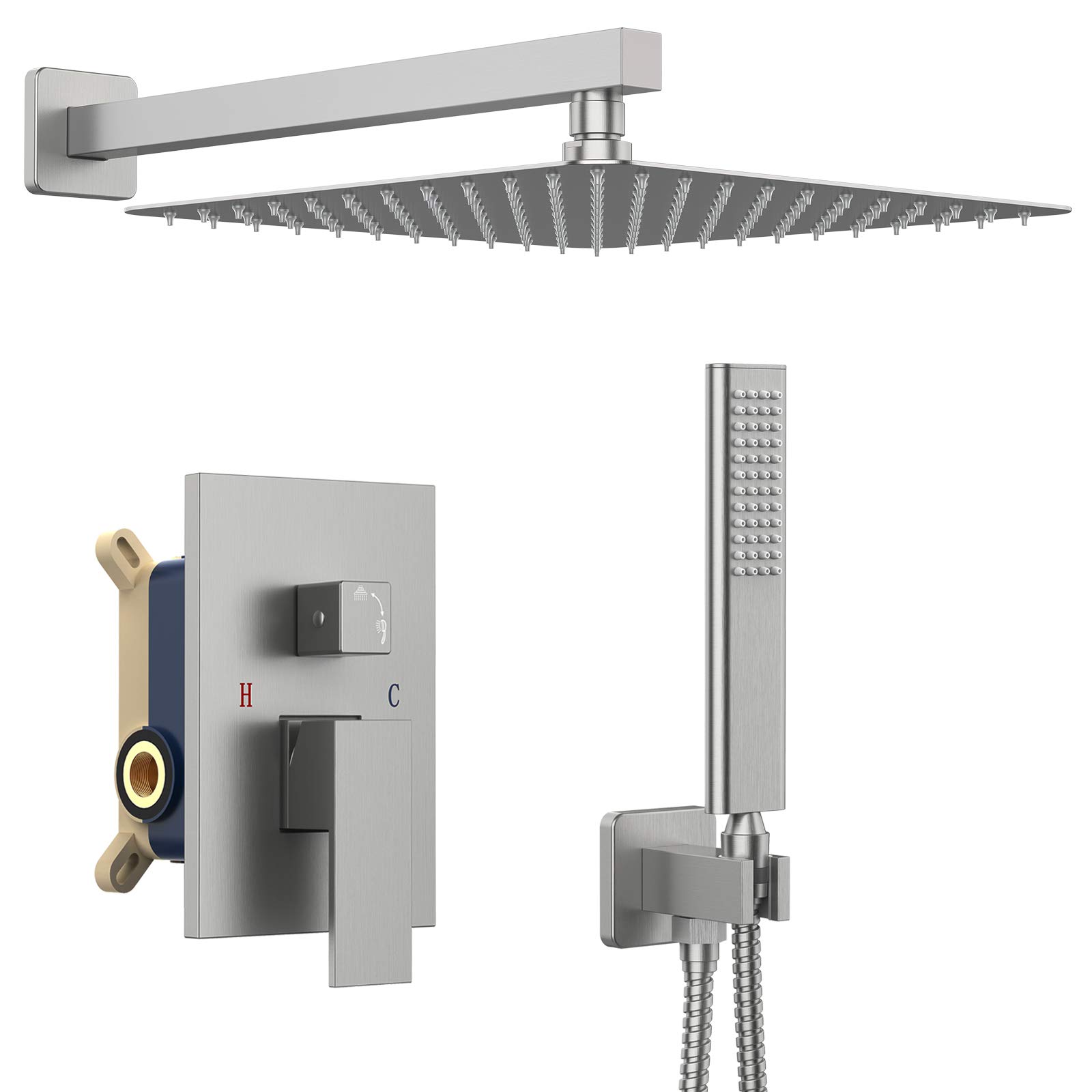 Iriber Brushed Nickle Shower System 12 Inch High Pressure Rainfall Shower Head Brass Shower Set Bathroom Rain Shower Mixer Shower Valve Modern Rain Shower and Shower Faucet and Handheld Combo Set