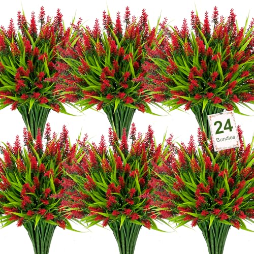 Image of 24 Bundles Artificial Flowers for Outdoors Fake Lavender, Red | UV resistant, plastic faux lavender with monkey grass, outside planter window box garden patio front porch home decor