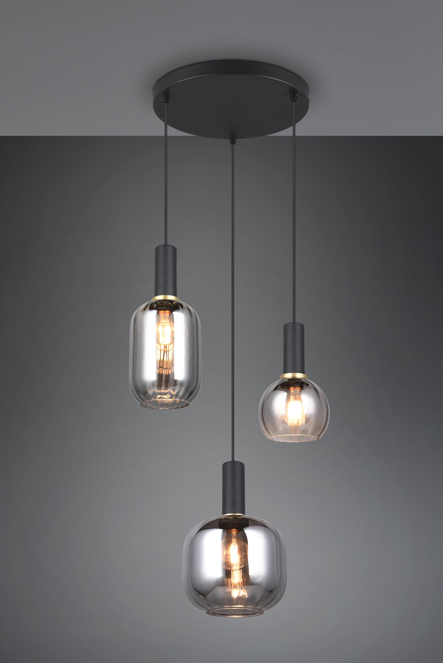 Trio Leuchten Pendelleuchte Diva 319830332, Metall Schwarz matt, Glas Chrom bedampft, exkl. 3x E27