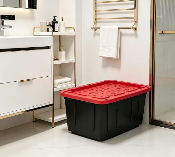 2-pack, 27-gallon storage boxes, with lids, black bodies, red lids