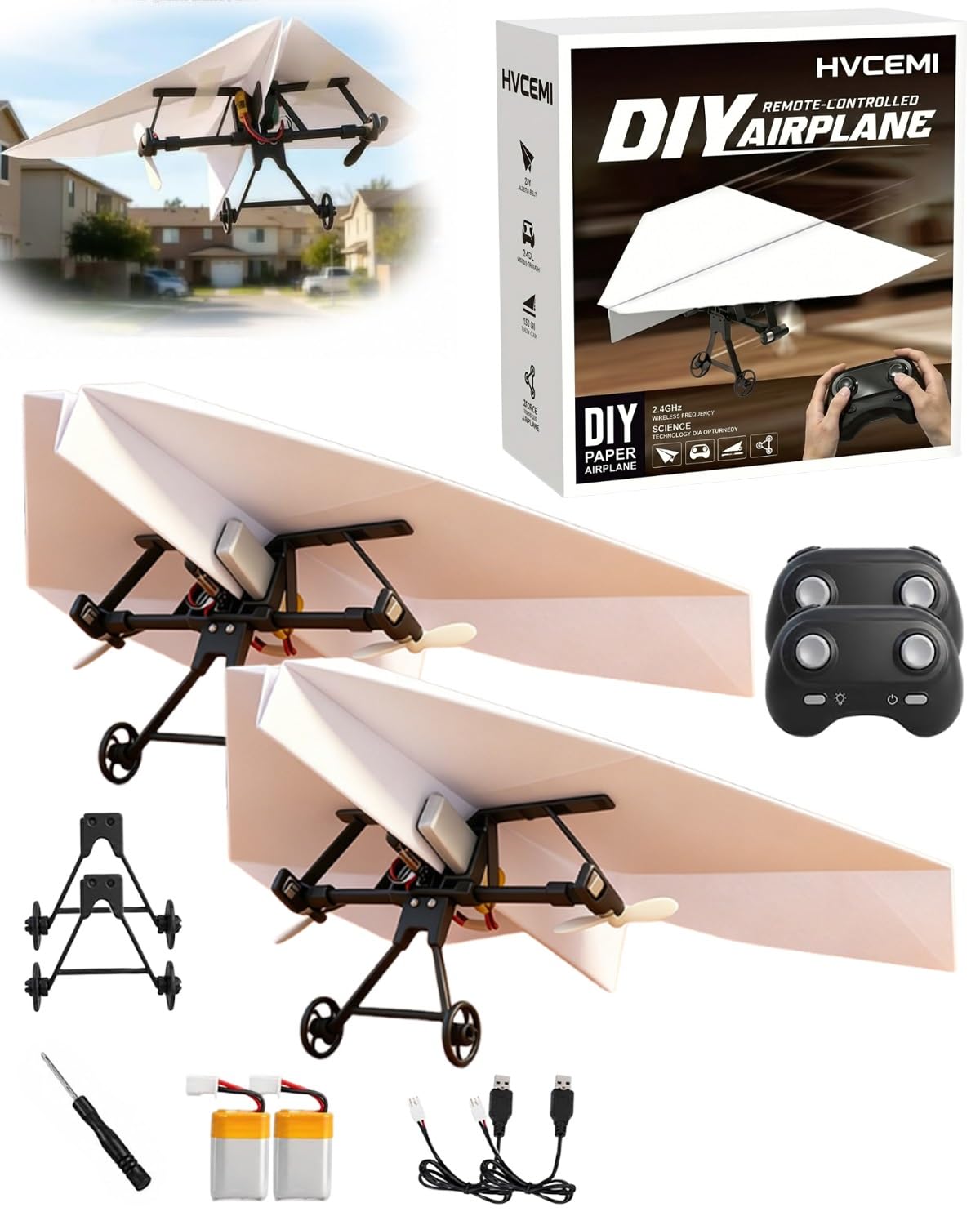 Rc Paper Airplane Motor Kit DIY Model Airplanes Launcher Construction Set with Gyro Stabilizer Dual Propellers Foldable Electric Remote Control Paper Plane Drone Stem Toy Tech Gadgets Gifts(2Pcs Set)