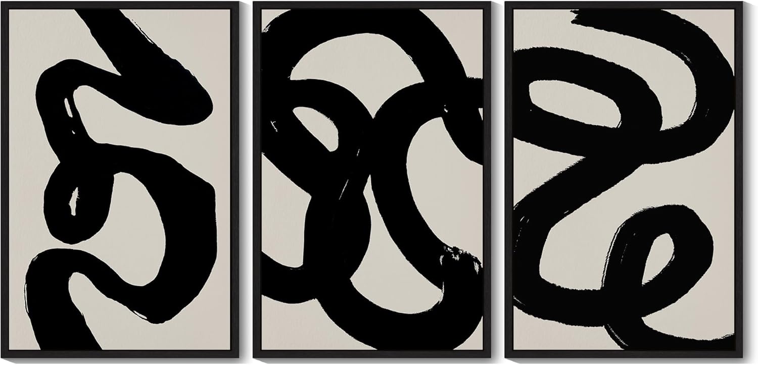 PHOPAGO Black Abstract Wall Art Large 24x36in Ink Wash Minimalist Lines Framed Canvas Painting Artwork Living Room Bedroom Home Decor Black Framed