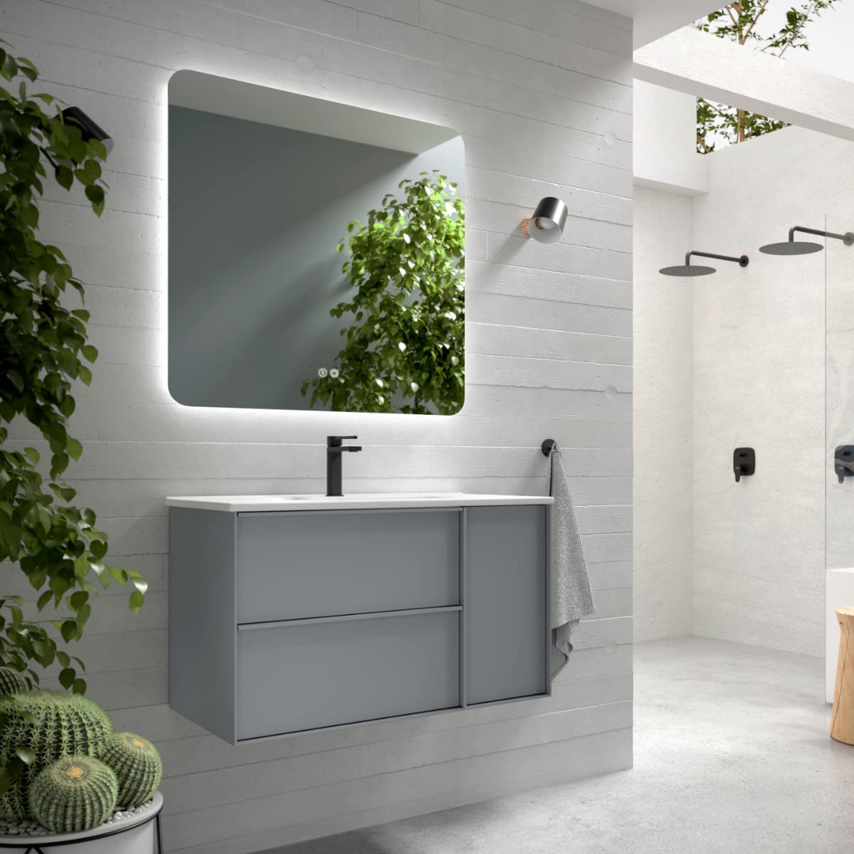 Mueble de Baño Suspendido con Lavabo Cerámico Oslo | Mueble Baño Volado de 2 Cajones con Puerta Lateral con Cierre Amortiguado y Organizador | Mist Mate | 80cm