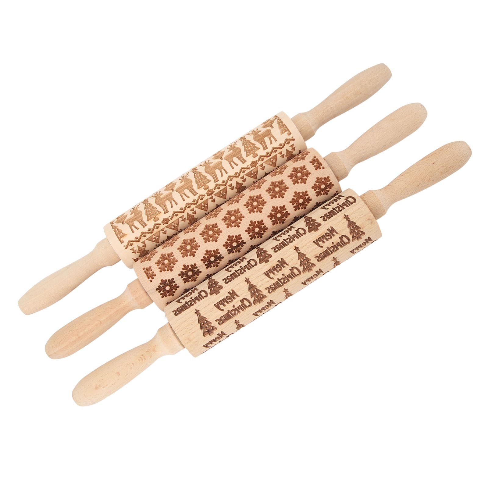 Lot de 3 rouleaux à pâtisserie en bois gaufré - Bâtons à pâtisserie gravés pour la pâtisserie - Motif de Noël - Bois composite durable avec roulement à roulement