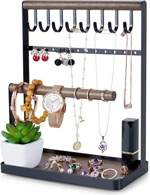 PAMANO Jewelry Stand Holder, Multi Tier Necklace Hanging Wooden Ring Organizer Earring Tray, 8 Hooks Storage Necklaces, Bracelets, Rings and Watches on Desk Tabletop