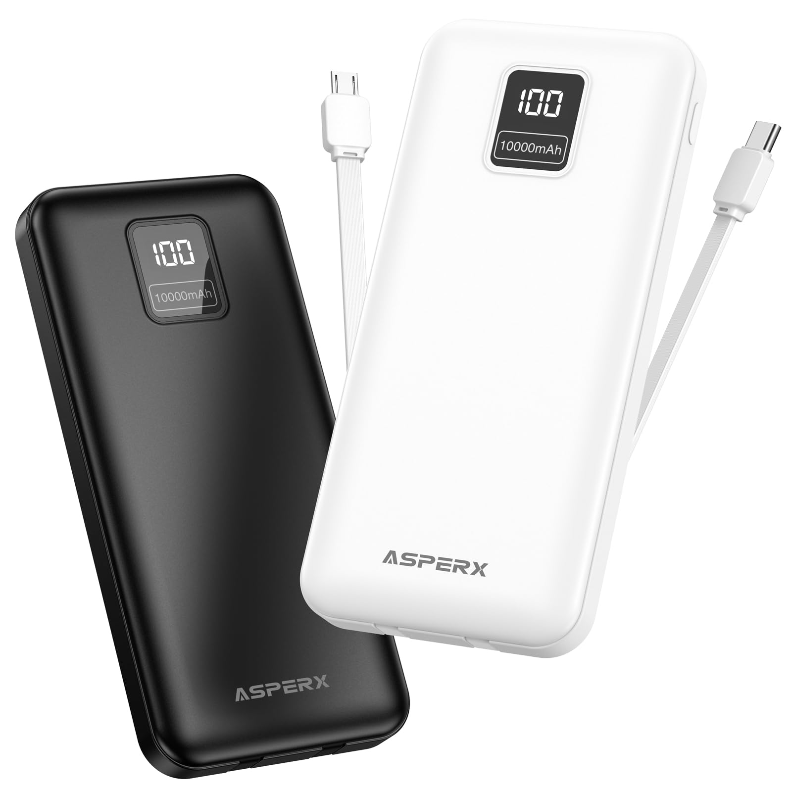 AsperX 2-Pack 10000mAh Portable Charger USB C Power Bank Fast Charging with Built-in Cables LED Display External Battery