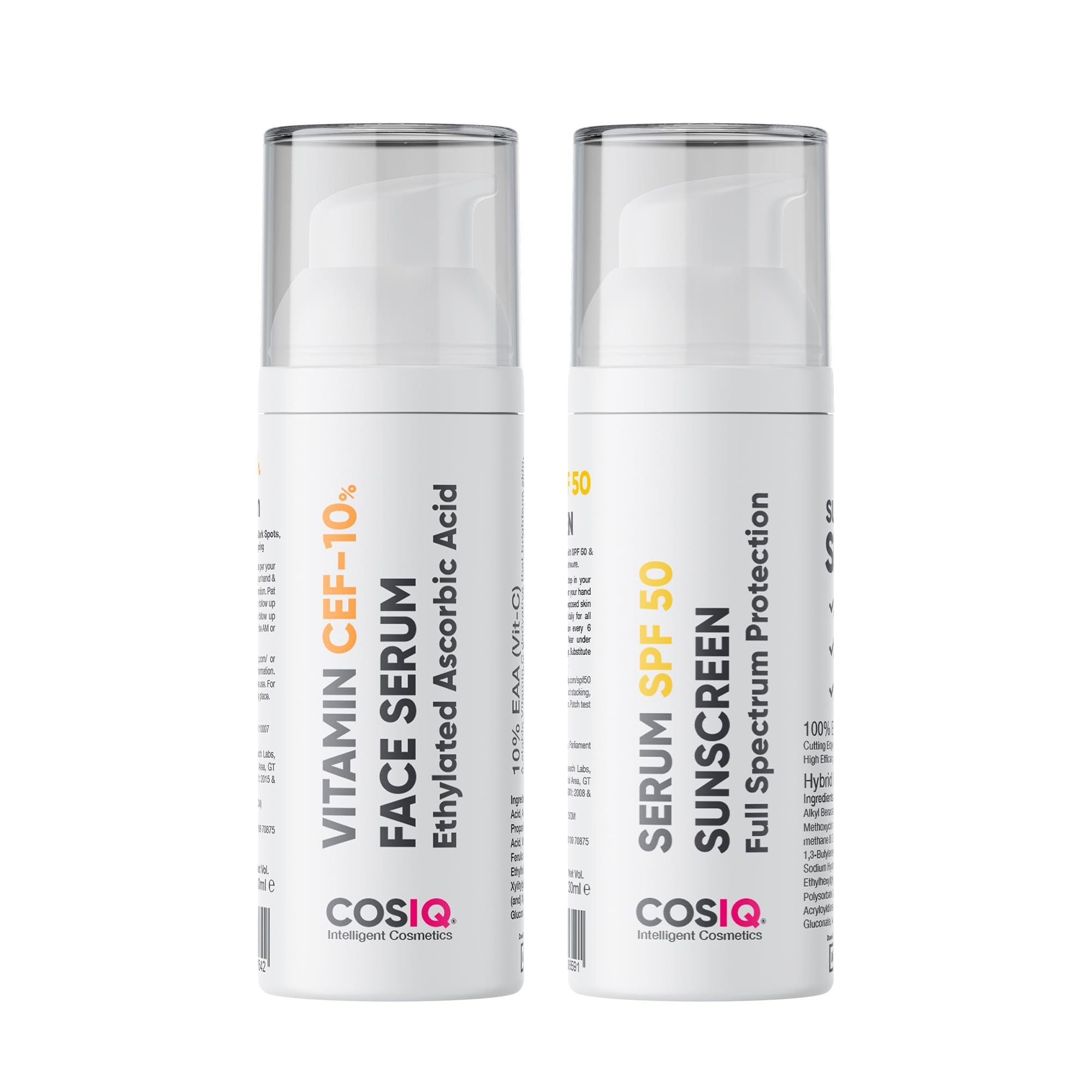 Cos-IQ 10% Vitamin C + E & Ferulic Acid Serum with Sunscreen Spf 50 | UVA/UVB & Blue Light Protection | For Glowing & Super Brightening Skin | Serum Spf 50++++|No White Cast| For All Skin Types| 60ml