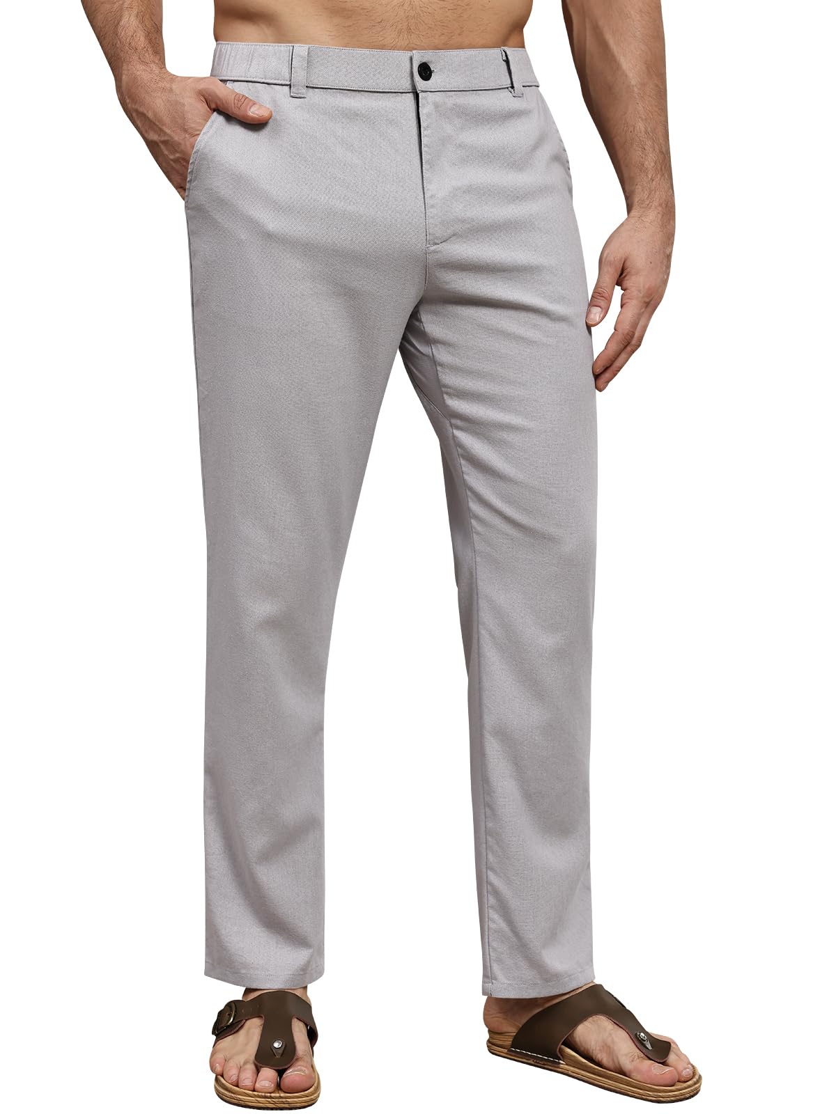 Suwangi Hombre Pantalones de Casuales Pantalones Largos Verano Ligeros Pantalon Lino Mezclar Cintura Elástica con Bolsillos