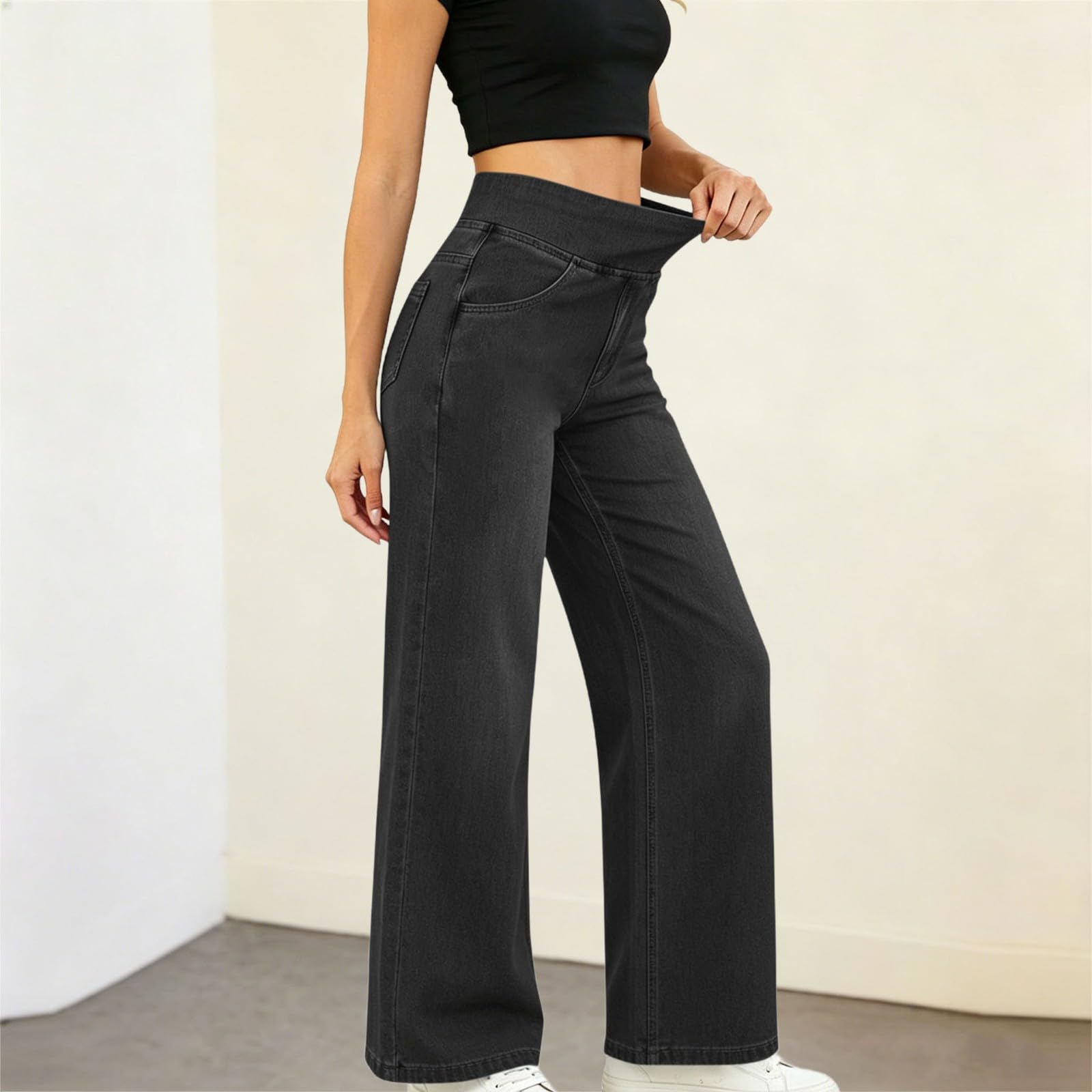 Generico Jeans Larghi Donna - Vita Alta, Gambe Dritte, vestibilità Sciolta, Jeans Casual Molto Elastici, Adatto per Yoga, Fitness E Sport di Tempo Libero