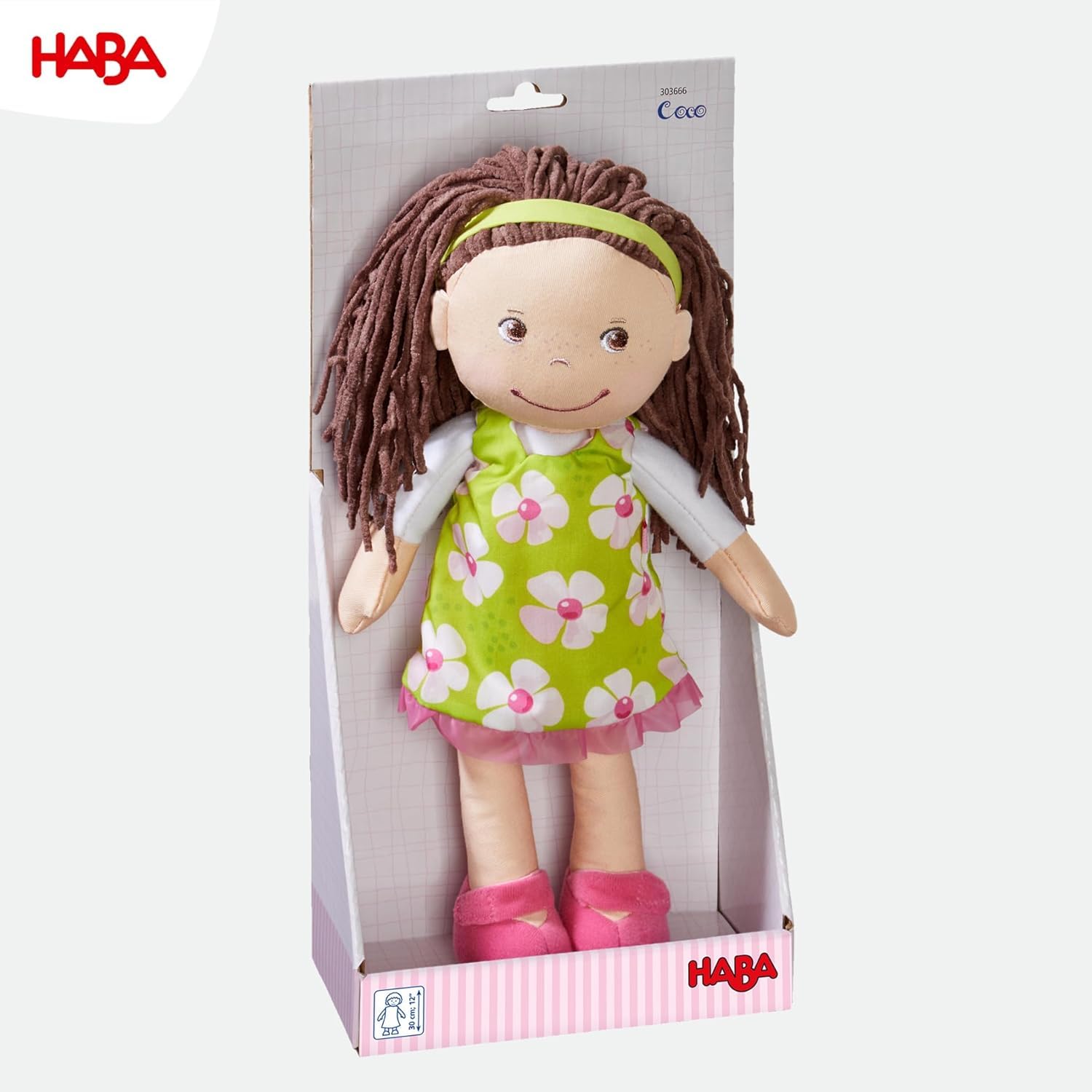 HABA Kuschelpuppe Coco – Weiche Stoffpuppe 30 cm, ideal für Mädchen und Jungen, waschbar und leicht an- und auszuziehen, ab 1,5 Jahren – 1303666001