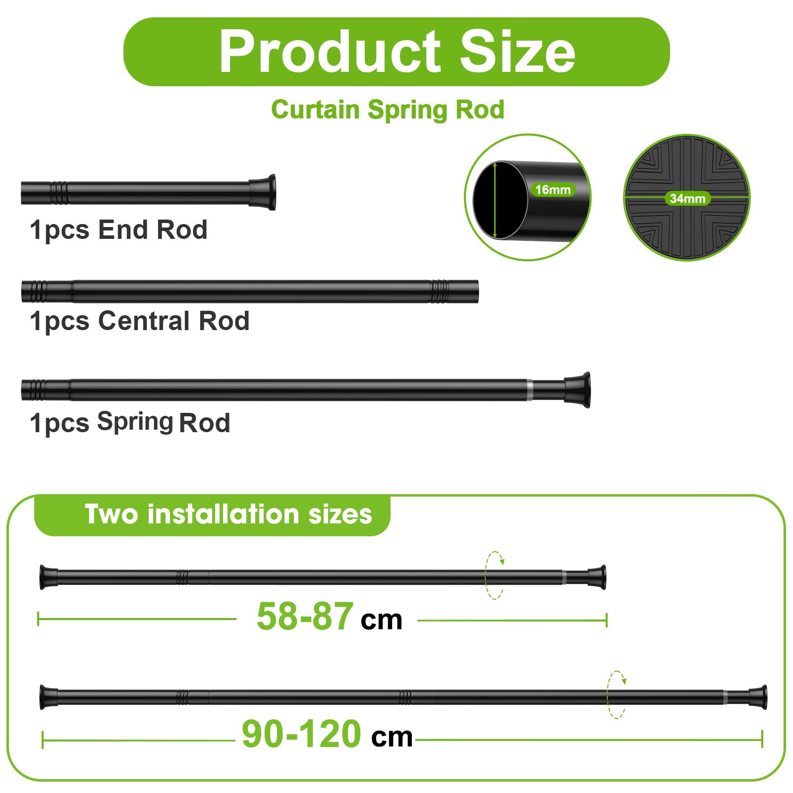 2Pcs Tension Rod 58-120cm Extendable Curtain Poles Black Adjustable Tension Rods for Curtains Shower Curtain Pole No Drilling Spring Tension Rod for Window,Wardrobe and Bathroom - Image 2