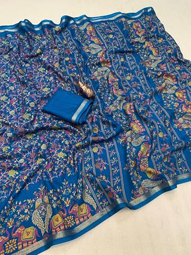 Image of Kalamkari Floral Prints Dola Silk Saree With Rich Zari Border Designer Pallu Attach Blouse Piece