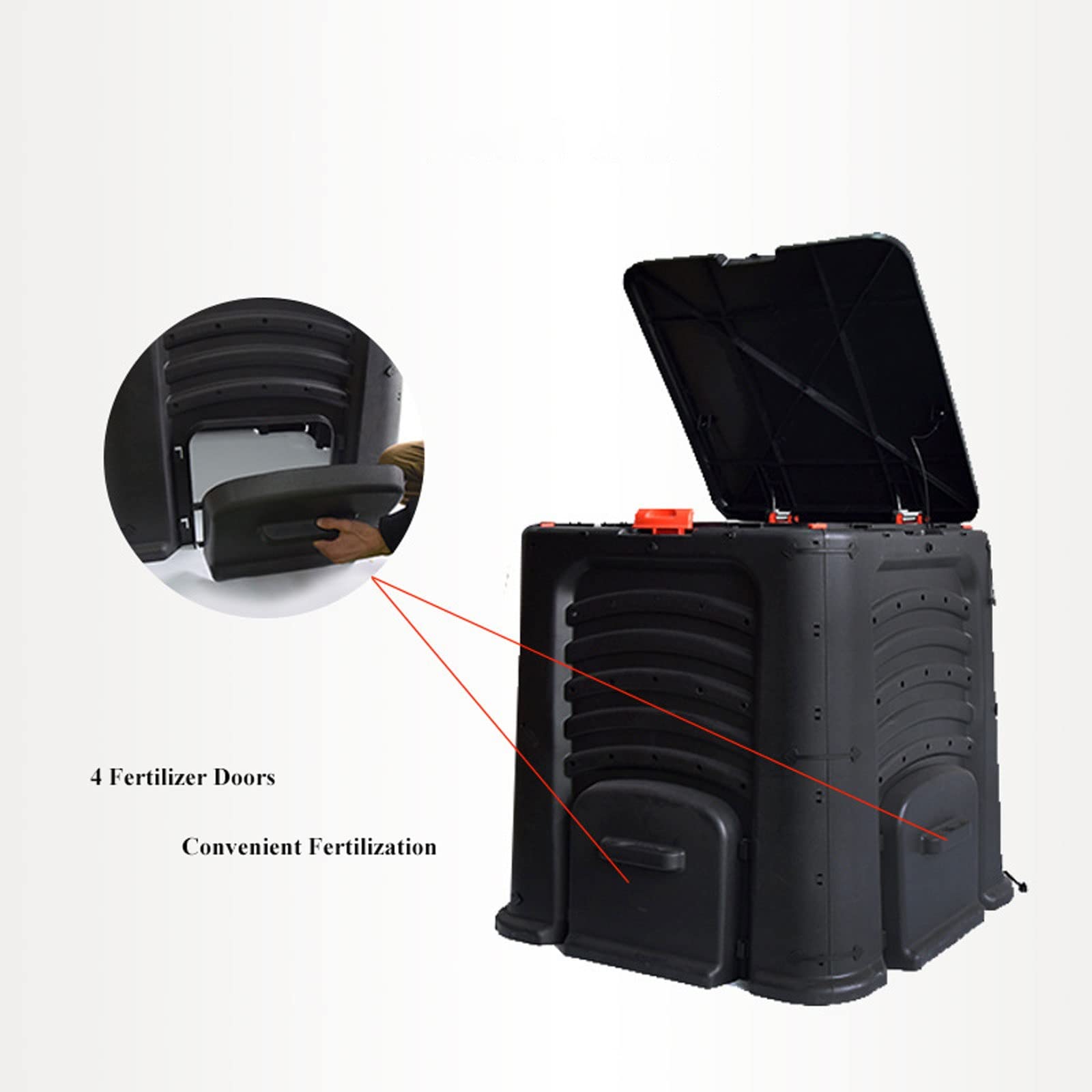Compostador Jardín Cubo de compostaje, caja de compostaje grande for exteriores de 105 galones (400 L) con tapa abatible superior y 4 puertas de salida inferiores, material libre de BPA, barril de com