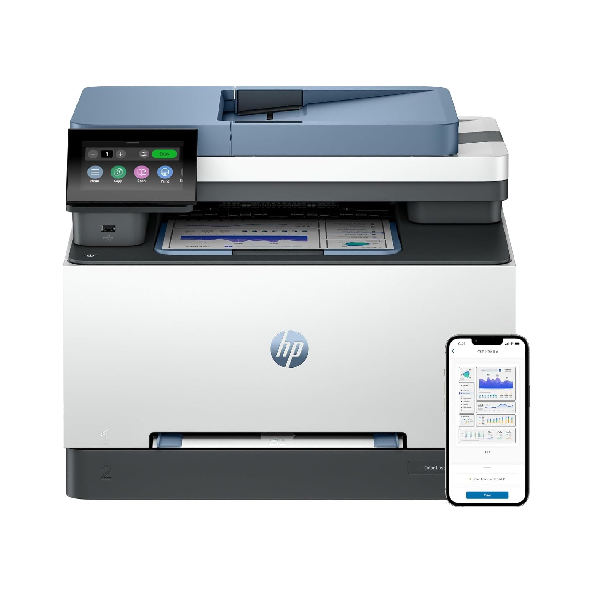 HP Color LaserJet Pro 3302sdw 499Q6F, Impresora Laser A4 Multifunción a Doble Cara automática, Escaner, Copiadora (25ppm, Wi-Fi Direct, Procesador 1,2 GHz, Memoria 512MB, Smart App) Blanca y Azul Blue Angel