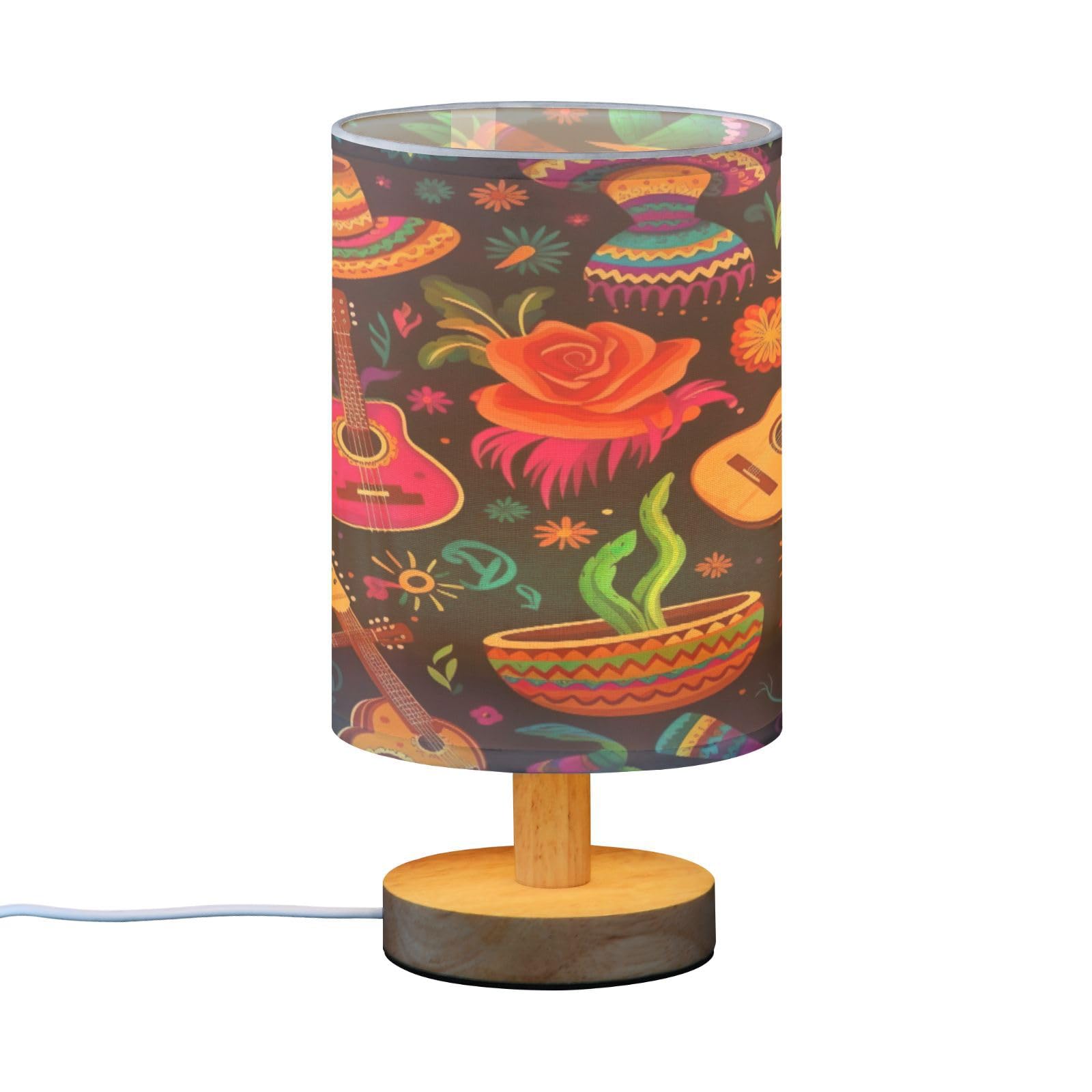 SDMKA Mexico Holiday Pattern Bedside Table Lamp for Bedroom, Minimalist Nightstand Lamp with Round Fabric Shade for Living Room, Office, No Bulb Required