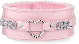 ADEMISHIA Pink Furry Heart O-ring Leather Choker Collar For Women, Handmade Punk Gothic Letter Necklace Adjustable Fashion Jewelry