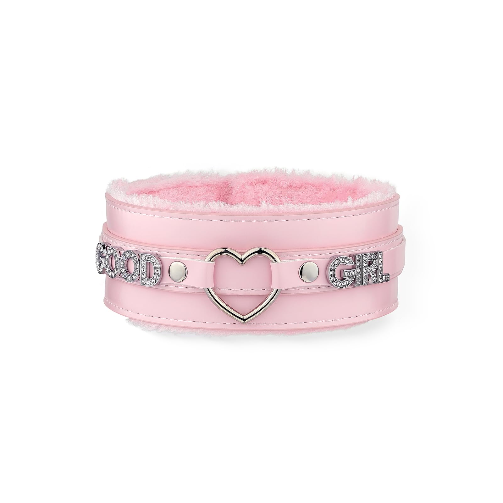 ADEMISHIAPink Furry Heart O-ring Leather Choker Collar For Women, Handmade Punk Gothic Letter Necklace Adjustable Fashion Jewerly