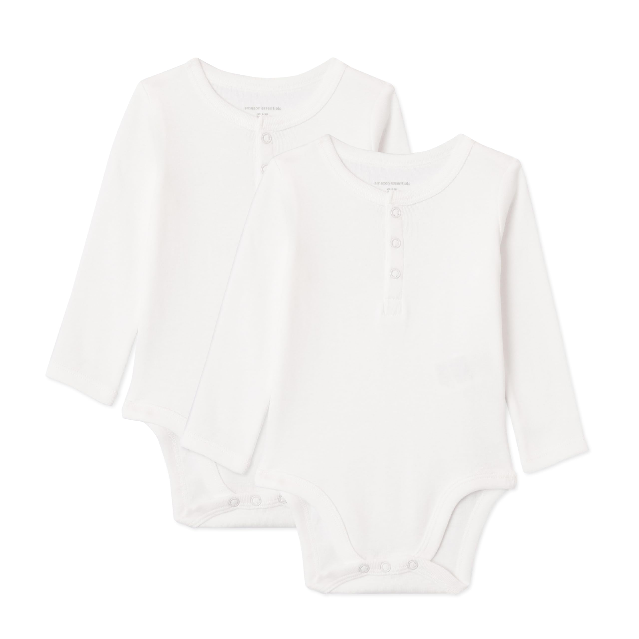 Amazon Essentials Unisex Babies' Long-Sleeve Cotton Henley Bodysuits, Pack of 2, White, 0-3 Months