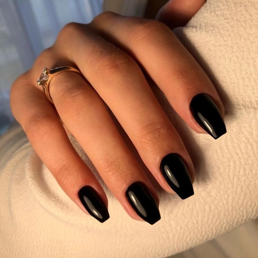 SXVME Black False Nails Coffin Medium Short Press on Nails Glossy Gel Full Cover Fake Nails for Women Short Ballerina Acrylic Nails for Daily Wear 24 Pcs - Image 2
