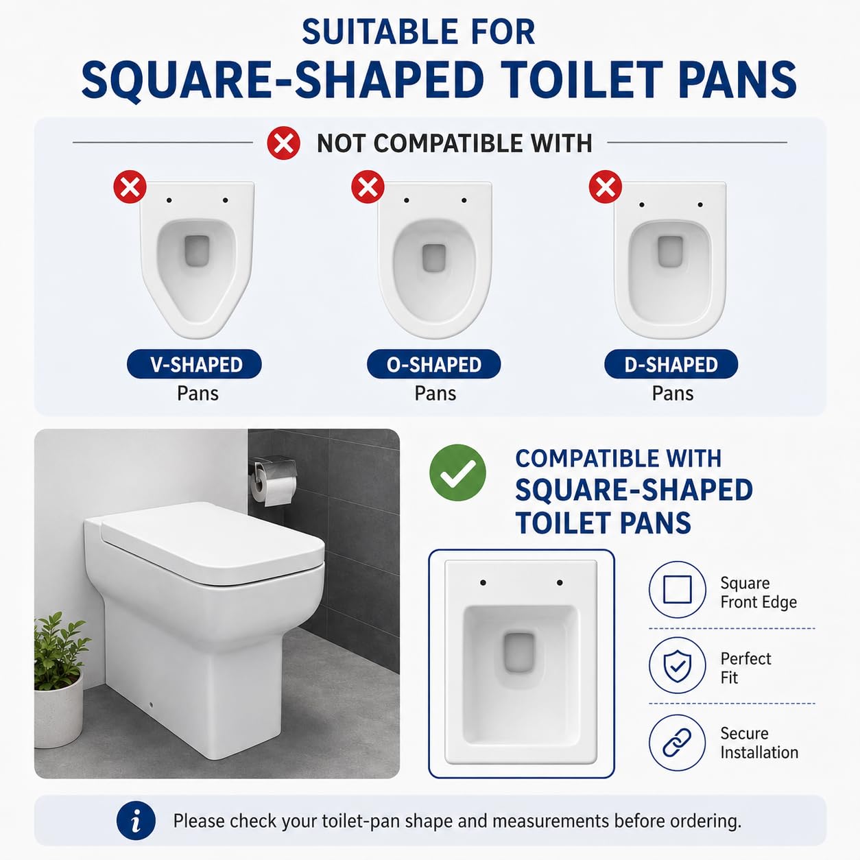 Mass Dynamic Sedile WC quadrato, con abbassamento automatico e sgancio rapido per una facile pulizia, sedile universale per WC di forma quadrata, fissaggio superiore, facile installazione (40 cm di