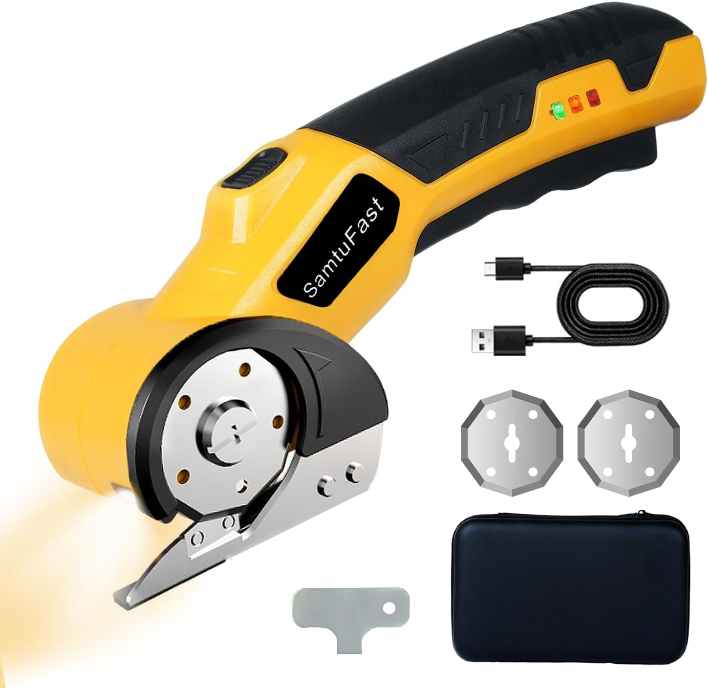 Cordless Electric Scissors, 4V Rechargeable Cardboard Box Cutter with Storage Box, 2 Blades, USB Charging Cable, Powerful Rotary Cutters for Cardboard Plastic Fabric Leather Carpet (Yellow)