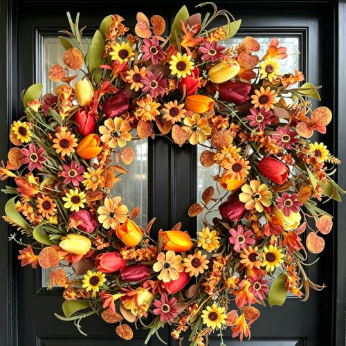 vivimemo 24-inch Fall Wreath Red Orange Yellow Tulip Daisy Green Leaf Front Door Wreath Indoor Outdoor Home Decoration Thanksgiving Harvest Festival Party Wedding Decoration