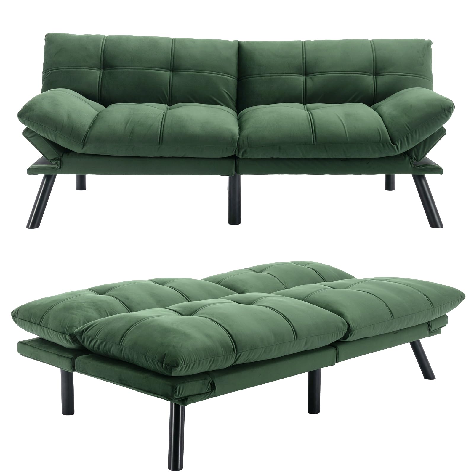 Miscoos Convertible Futon Sofa Bed, 71" Comfy Loveseat Sleeper Sofa, 7" Thicken Cushion, Comfy Velvet Twin Size Futon Couch Bed for Small Space Bedroom Dorm Office