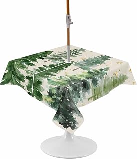 Christmas Tree Outdoor Tablecloth with Umbrella Hole Winter Xmas Pine Tree Forest Snowflakes Linen Waterproof Table Cloth with Zipper Spill Proof Outside Table Cover for Patio Picnic 60x60 Inch