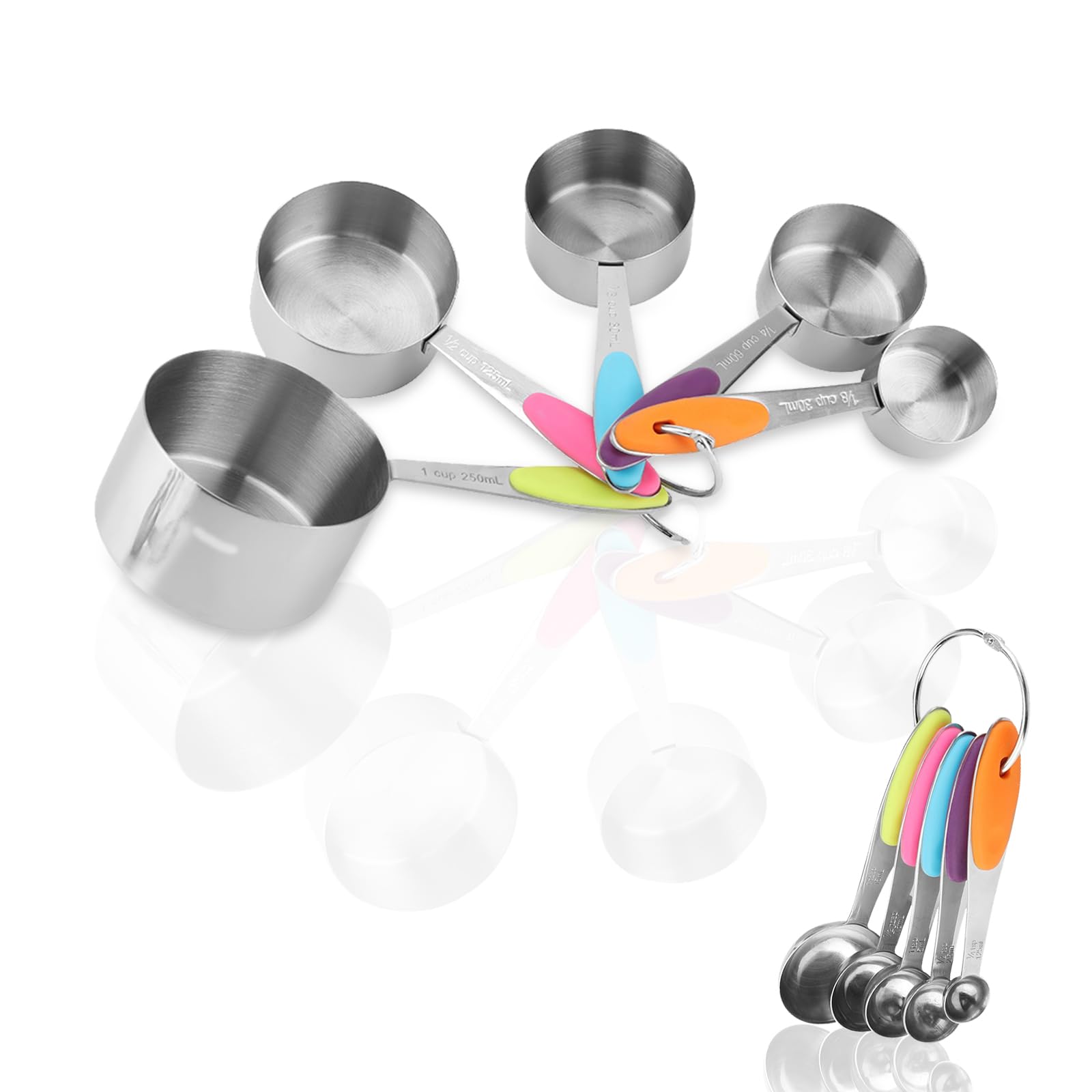 10-teiliges Messlöffel Set & Measuring Cups aus Edelstahl, bunte Messbecher & Löffel Set mit 2 Ringen, spülmaschinenfestes Backzubehör für Küche & Kochen