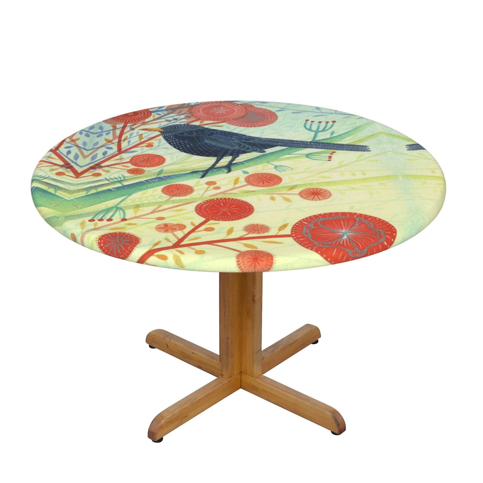 ESNAIUVCD Black bird print Waterproof Round Tablecloth,Outdoor Table Cloth with Elastic Edged, Elastic Tablecloth Wipeable, Garden Table Cloth Suitable for sizes 90cm-140cm