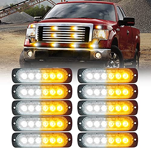 Xprite White Amber LED Emergency Strobe Lights Kit, Surface Flush Mount Grill Grille Hazard Warning Flashing Caution Light for Construction Vehicles Off-Road Trucks SUV ATV UTV Motorcycle 10PCS