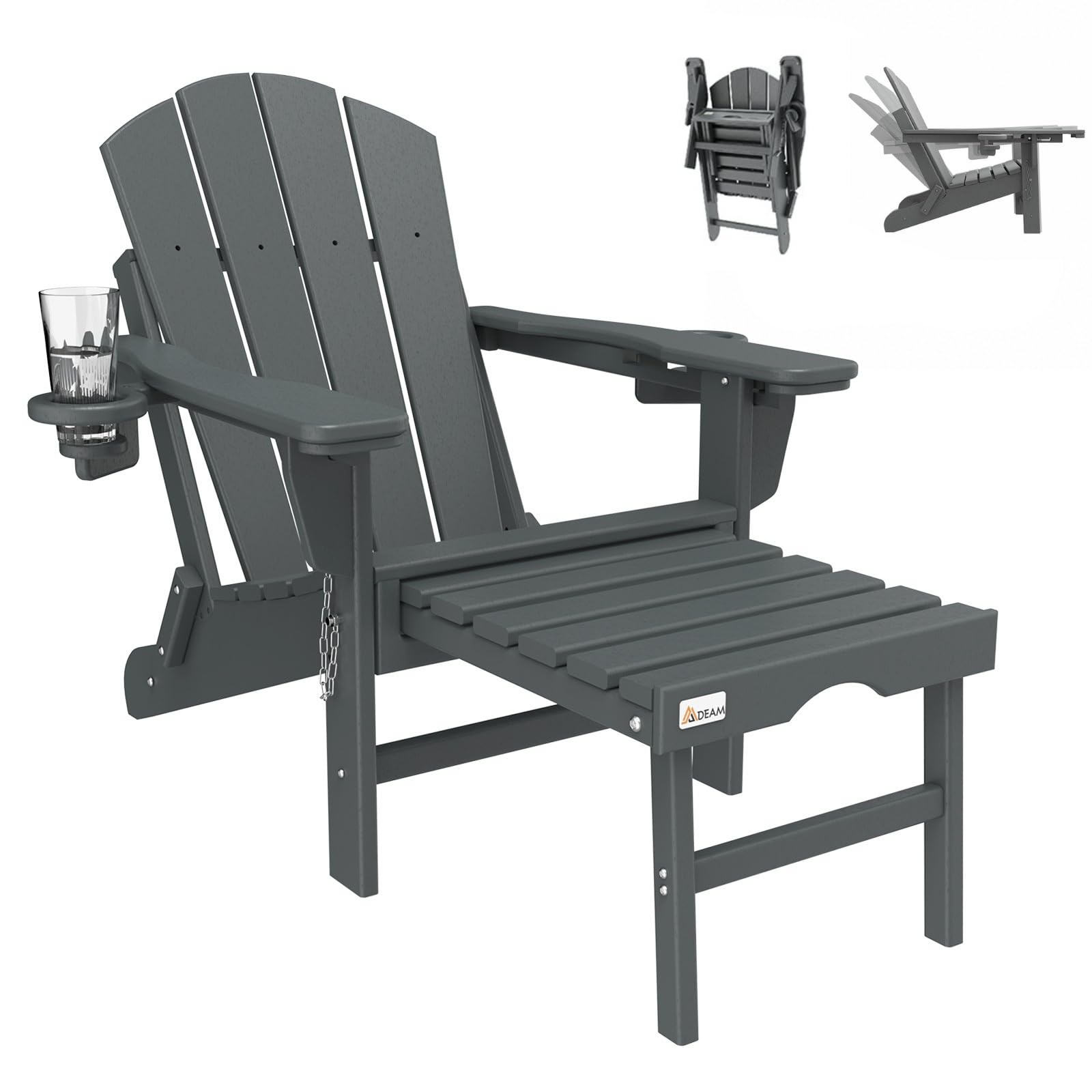 Mdeam Adirondack Stuhl Klappbar, Gartenstuhl mit Verstellbarer Rückenlehne & Fußstütze für Garten Terrasse, Adirondack Chair mit 2 Getränkehalter, Wetterfestes HDPE, Grau