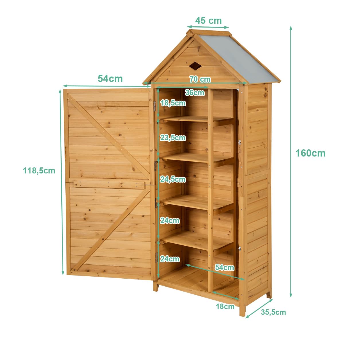 GOPLUS Caseta de Jardín con 5 Estantes y Puerta con Cerradura, 70 x 45 x 160 cm, Herramientas de Jardín de Madera de Abeto, Techo Galvanizado Impermeable, Patas Elevadas para Patio, Natural