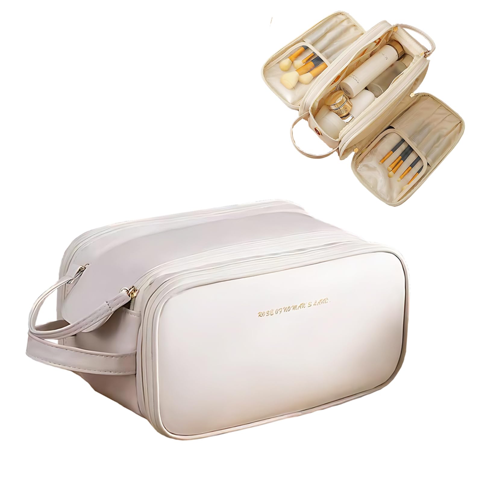 Bolsa de maquillaje de viaje de gran capacidad, bolsa de cosméticos de piel sintética con bolsa de brochas de maquillaje, organiza