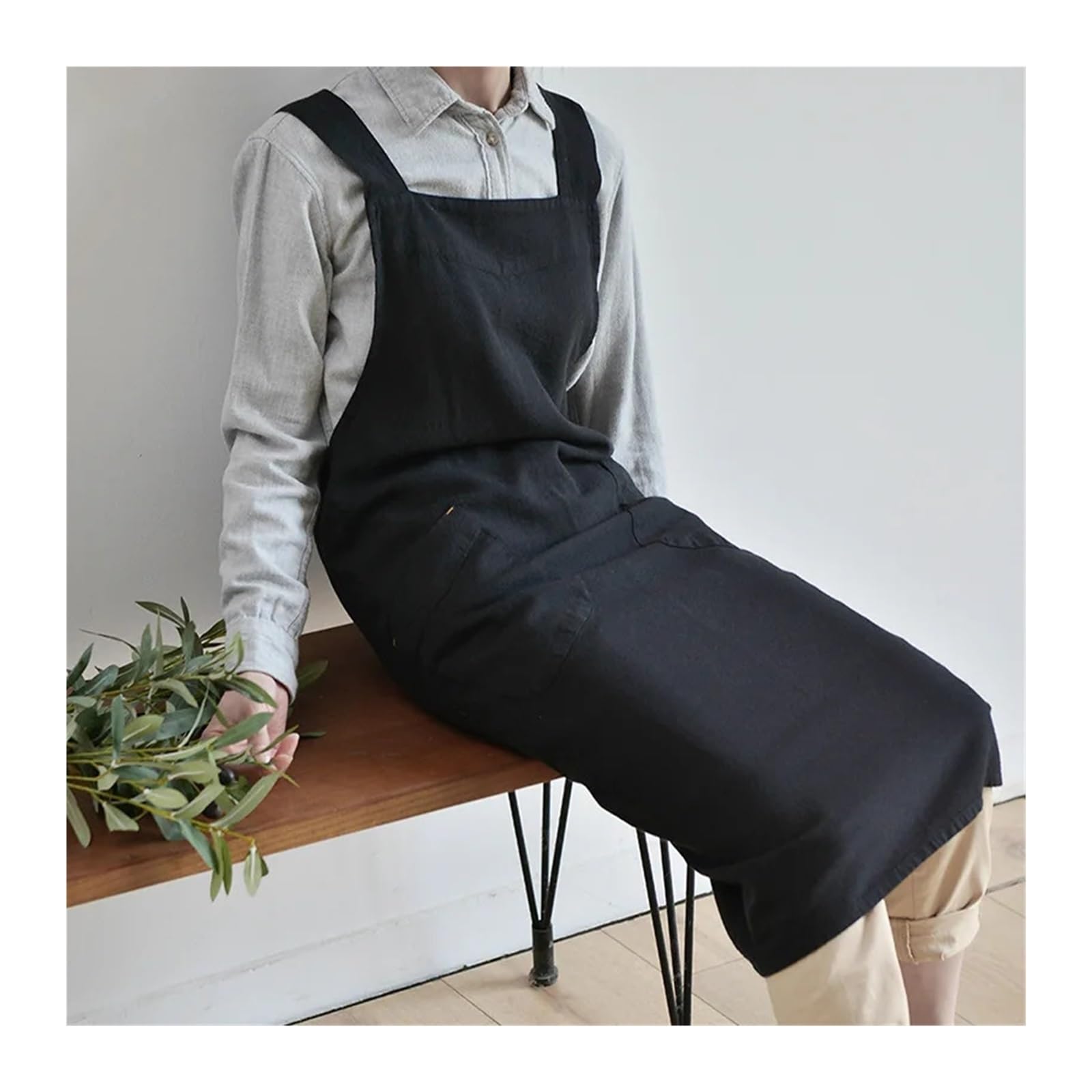 delantal Delantal de cocina lino y algodón con bolsillos for Chef, jardinería, espalda cruzada, trabajo, mujeres hombres, delantal grande, for hornear cocinar