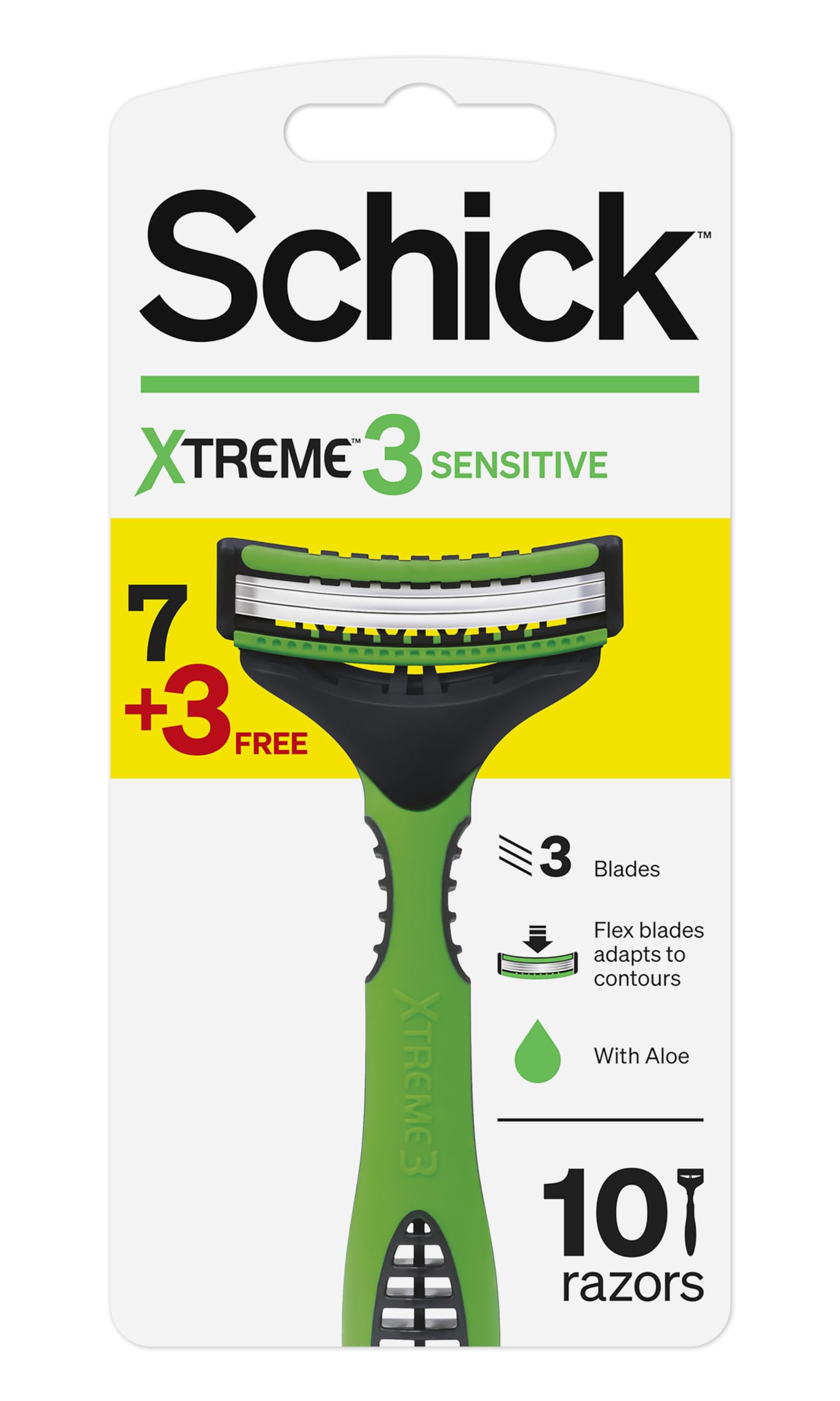 Schick Xtreme3 Sensitive Tripple Blade Disposable Razor For Men-Strip Enriched With Aloe Vera-Close & Comfortable Shave-No Irritation-Flexible Head-No-Slip Grip Handle-Easy Rinse- 7+3 Razors