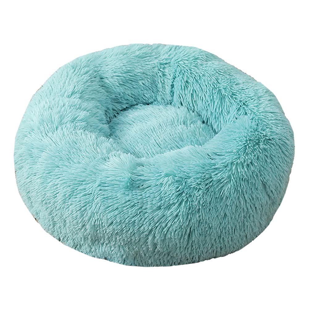 Cozomiz Calming Faux Fur Dog Beds Calming Donut Cuddler Dog Bed Washable Round Cat Bed Pillow Cuddler Fluffy Indoor Dog Calming Beds with Anti Slip Bottom Solid Color Lake Blue 23 Inch