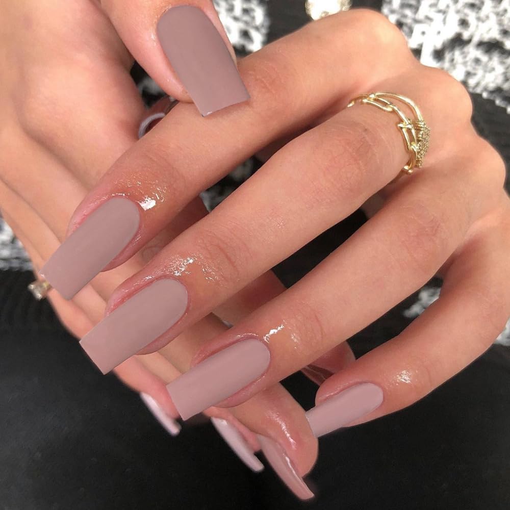 KQueenest Matte Mauve Press on Nails Long Medium Square, Fake Nails Press ons, Glue on Nails Coffin For Women, Gel Square Tip Nails, Acrylic False