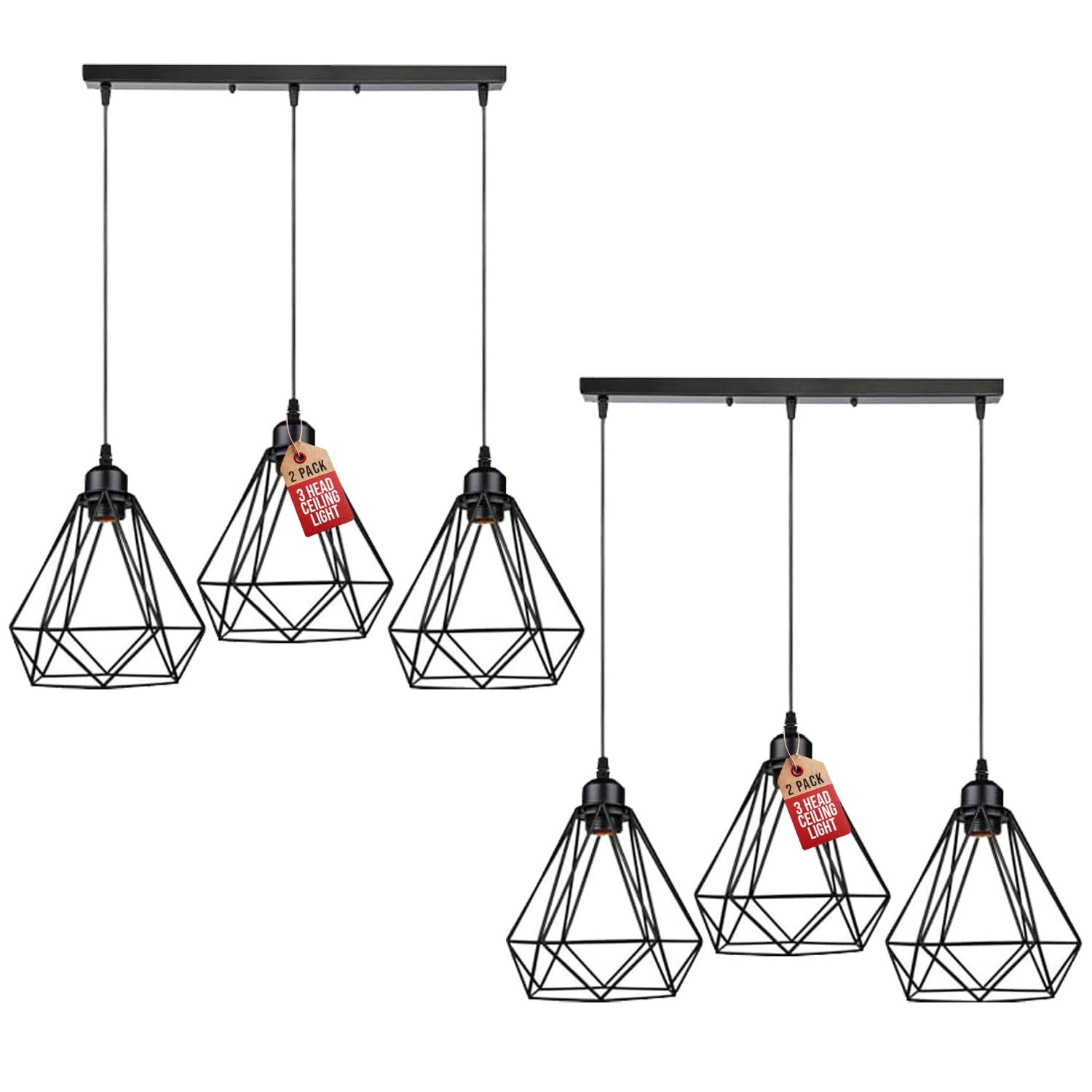 LEDSone 3 Head Black Vintage Industrial Ceiling Hanging Light Shade Loft Style Metal Ceiling Pendant Lamp for Kitchen Island, Living Room, Dining Room E27 UK Holder Kit. (Black 2 Pack)