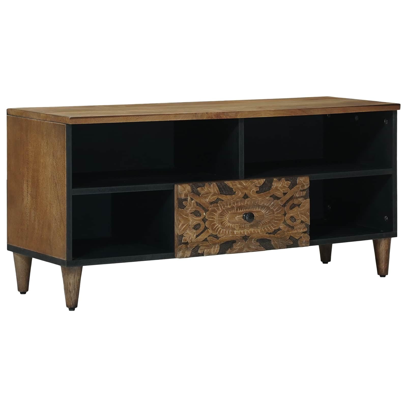 Mueble para TV (madera maciza, mango bajo, 100 x 33,5 x 46 cm), color marrón | Mueble bajo moderno con patas de metal para sala de estar y pasillo, ofrece espacio de almacenamiento con cajón y estantes.