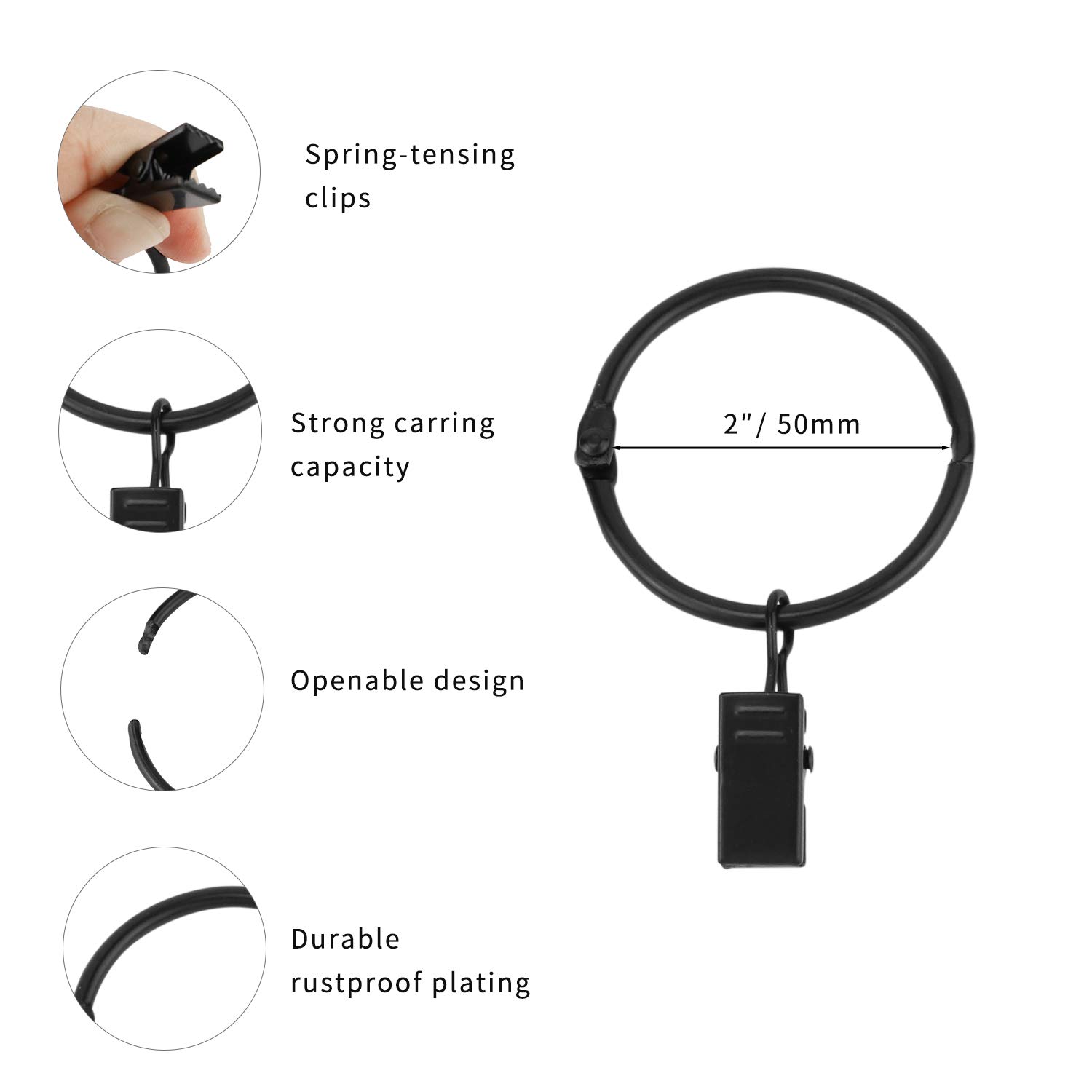 36 Stück Vorhangringe Mit Clips – Metall, Offene Ösen, Innendurchmesser 5,1 Cm, Schwarz
