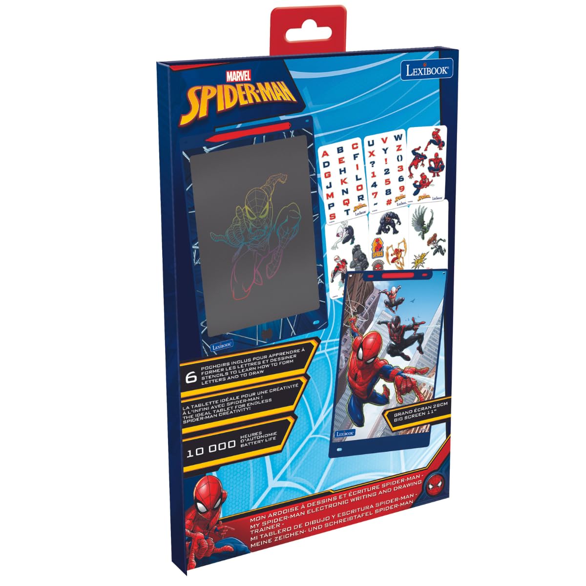 Lexibook, Spider-Man, Lavagna Magica, Giocattolo Artistico e Creativo per Bambini e Bambine, Disegni Multicolori, Schermo da 28 cm, Include 1 Stilo e 6 Stencil, Blu, CRT10SP