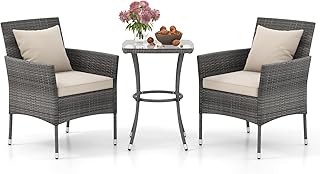 COSTWAY 3-Piece Patio Bistro Set, PE Rattan Furniture Set with 2 Cushioned Chairs and Tempered Glass Table, Outdoor Furniture Wicker Conservatory Sets for Balcony, Backyard & Poolside (Off White)