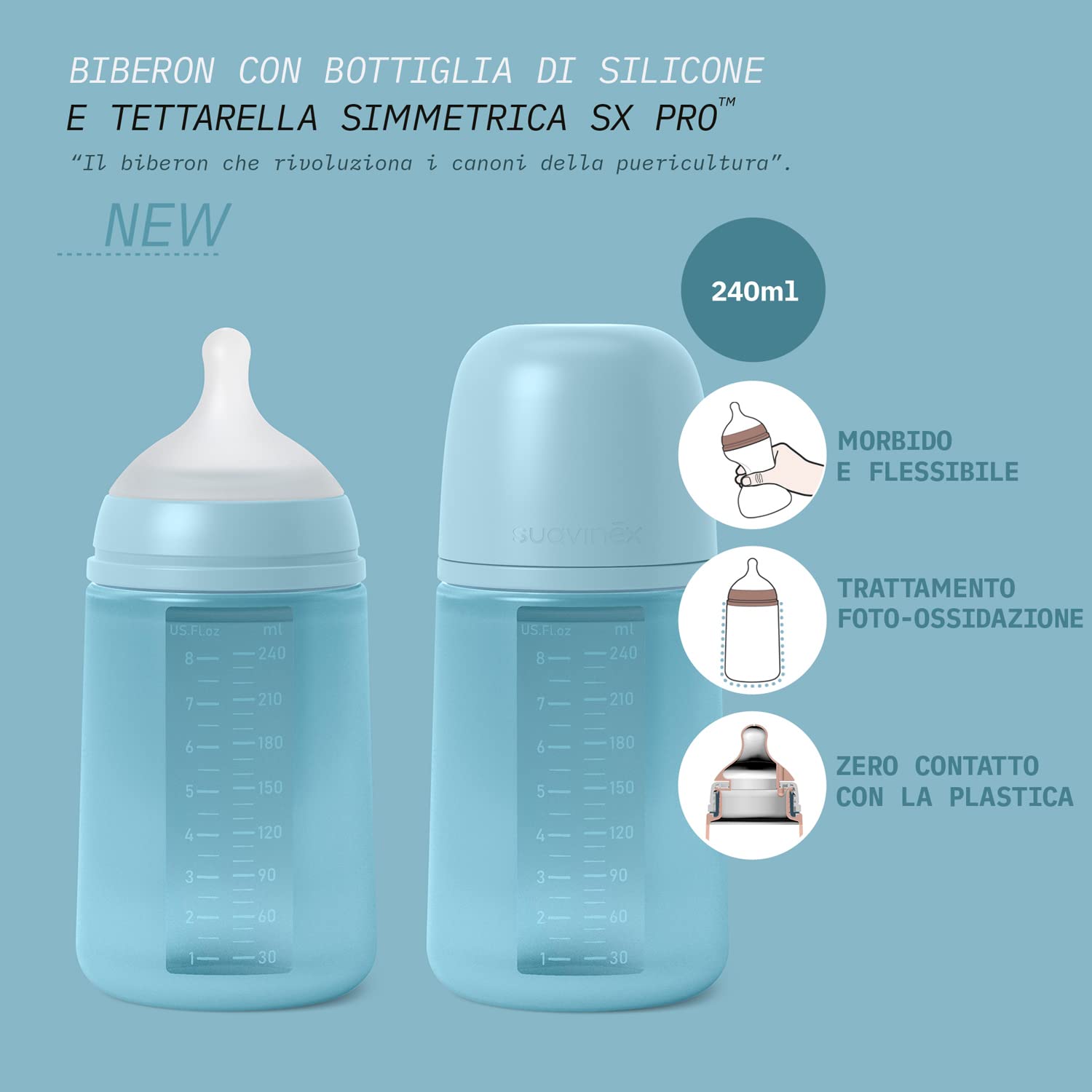 Suavinex, biberon in silicone da 240 ml, con tettrella in silicone SX Pro simmetrica, con valvola anticolica, biberon a flusso medio (M). Per bambini +3 mesi. Linea Colour essence. Mango