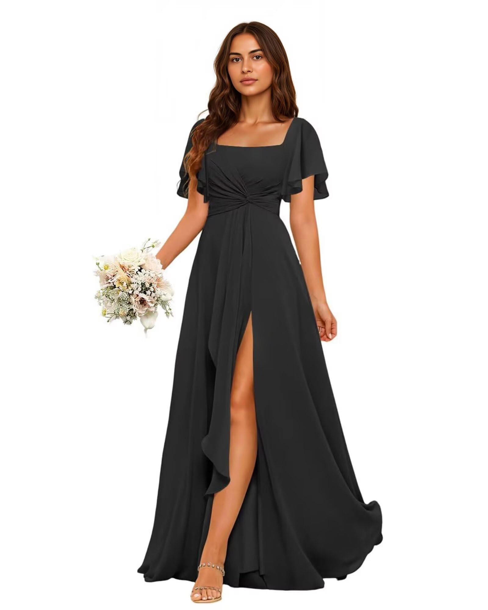 Womens Chiffon Bridesmaid Dresses Long - Square Neck A line Bridesmaid Dresses Plus Size Pleated Formal Evening Gowns