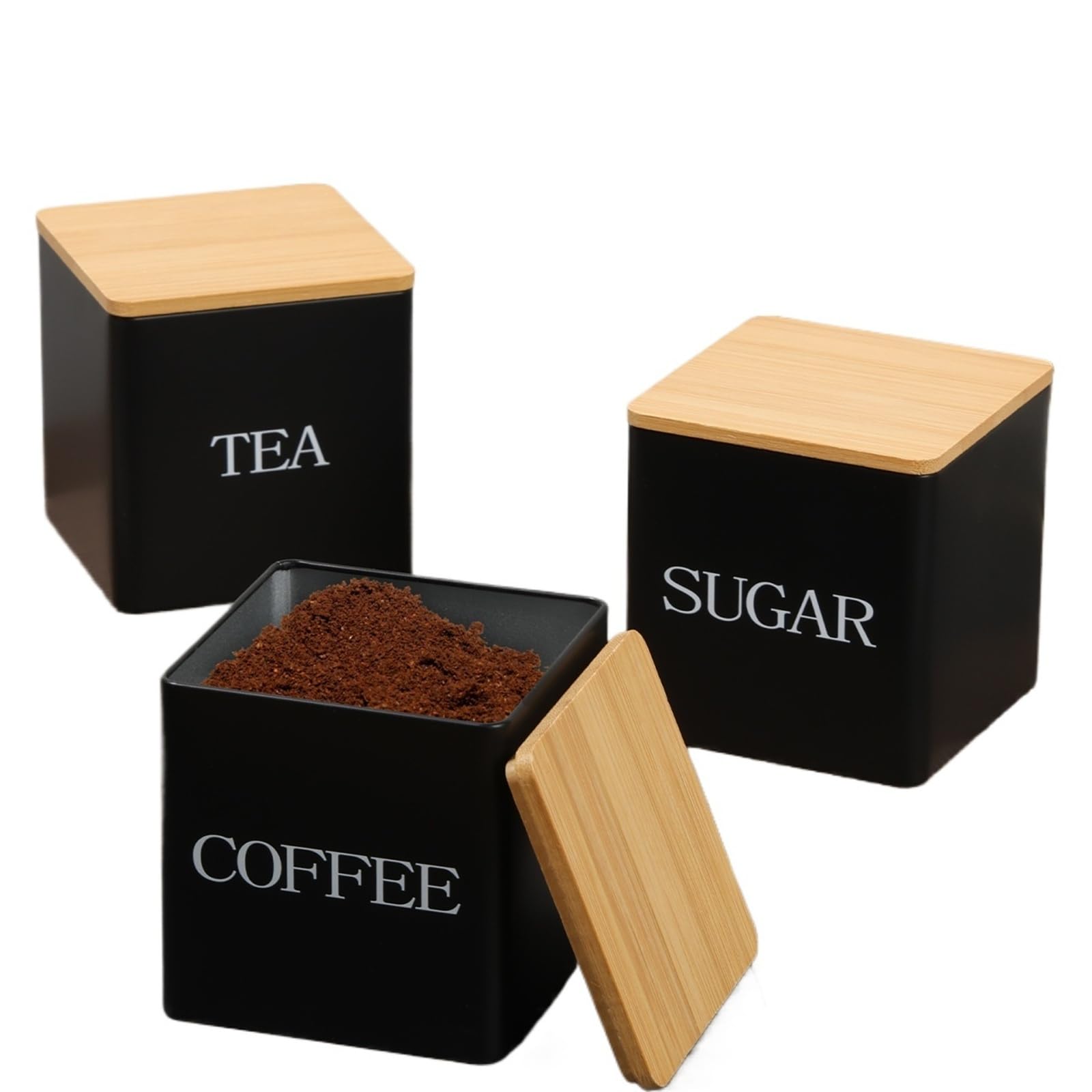 FDBTYJN Tea Caddy 3Pcs Coffee Bean Storage Canisters Tea Sugar Vacuum Sealed Jars Iron Heat Kitchen Cream Can Airtight Lid(Black1)
