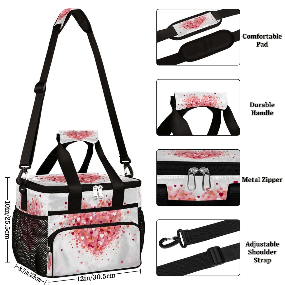 Insulated Picnic Backpack Lunch Box for Women Men Picnic Basket Tote Lunch Bag Picnic Bag Portable Lunch Bags for Picnic, Beach, Work, Trip,Office, Camp Pinks Heart Valentine's Day