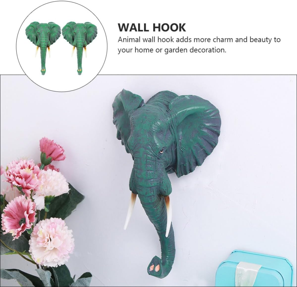 2pcs Vintage Resin Elephant Head Wall Hooks Animal Shape Coat and Key Hangers Waterproof Space Saving Home Decor for Office or Bathroom
