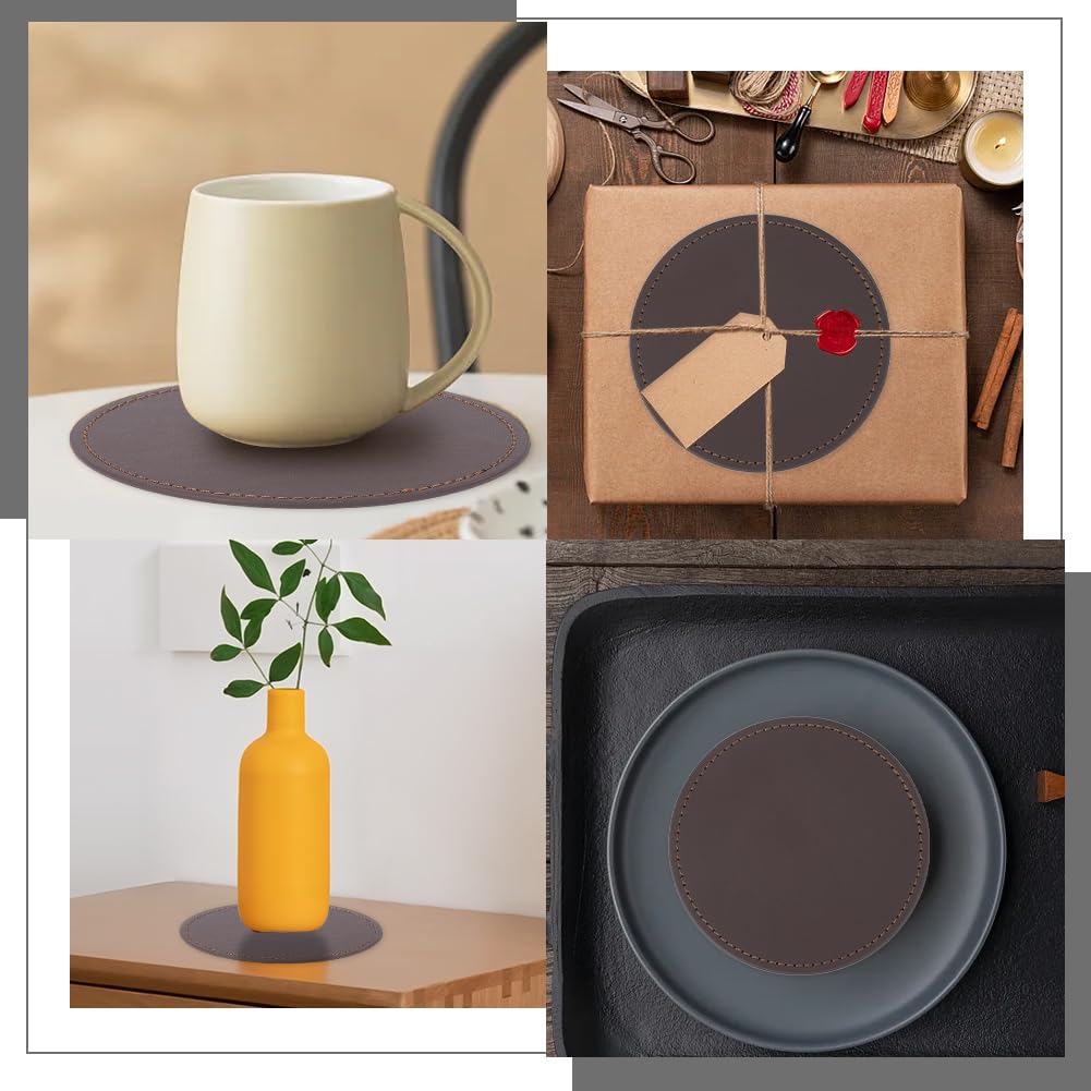 CALFOVERA 6PCS Brown PU Leather Coasters for Table Protection 10cm Round Drink Cup Holders Leather Handmade Table Mats Non Slip Thermal Insulation Pads with Base for Glass Coffee Cup Mug Home Bar - Image 4